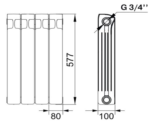 Радиатор биметаллический RIFAR Monolit VENTIL 500х5 секции, мощность 784 Вт, подключение резьбовое - 3/4″, нижнее правое, цвет - белый