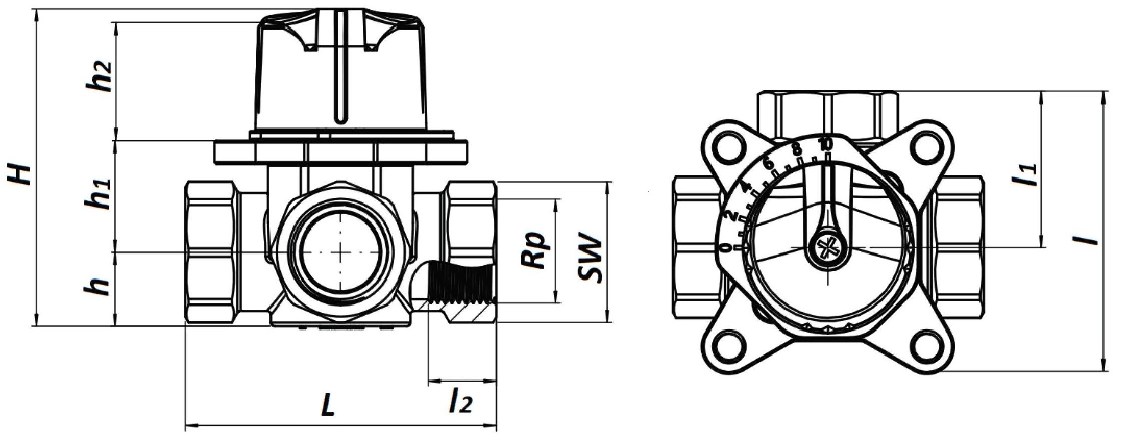 Клапан запорно-регулирующий ROMMER RVM-0003 2” Ду50 Pу10 Kvs 40 корпус – латунь, уплотнение – EPDM, трехходовой, сместительный, поворотный