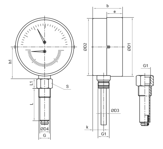 Термоманометр Росма ТМТБ-41Р.3 (0-120С) (0-0,6MПa) G1/2 2,5, корпус 100мм, тип - ТМТБ-41Р.3, длина клапана 100мм,  до 120°С, радиальное присоединение, 0-0,6MПa, резьба G1/2, класс точности 2.5