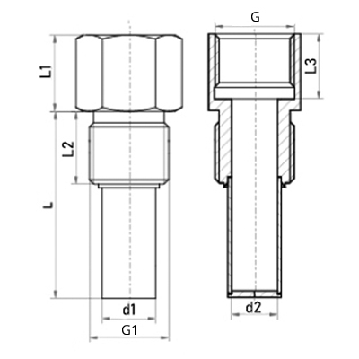 Гильза для термометра Росма БТ серии 220, L=46 Дн14 Ру250, нержавеющая сталь, внутренняя/наружная резьба M20x1.5–M20x1.5