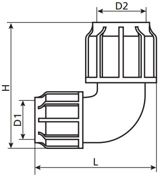 Отвод компрессионный TEBO KOM-KOM-PER Дн90x75 Ру10 для ПНД труб, переходной, разъемный, корпус - полипропилен