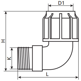 Отвод компрессионный TEBO KOM-NR Дн32x1″ Ру10 для ПНД труб, переходной, разъемный, наружная резьба, корпус - полипропилен
