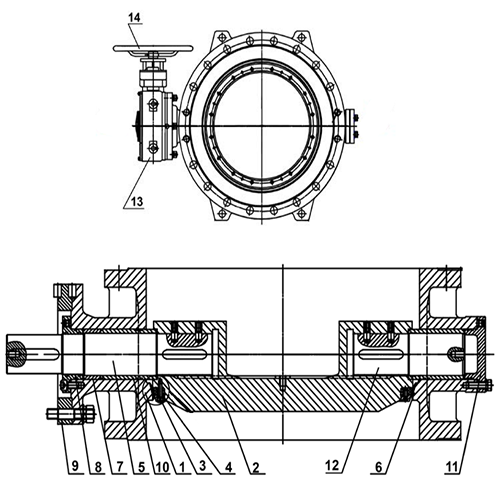 Затвор дисковый поворотный Tecofi TECWAT VP 4248-08 Ду1400 Ру16 фланцевый с двойным эксцентриситетом, корпус - чугун, диск - чугун, уплотнение - EPDM, с редуктором