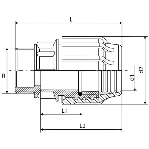Муфта ТПК-АКВА Дн25х1″ Ру16 соединительная для ПНД труб, материал - полиэтилен, присоединение - компрессионное / наружная резьба