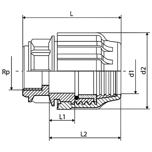 Муфта ТПК-АКВА Дн40х1 1/4″ Ру16 соединительная для ПНД труб, материал - полиэтилен, присоединение - компрессионное / внутренняя резьба
