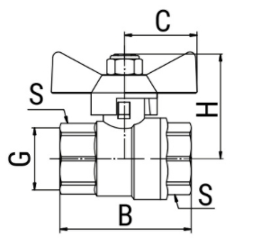 Эскиз Кран шаровой 11б27фт1М VALFEX 1 1/4″ Ду32 Ру16 полнопроходной, латунный, внутренняя резьба, ручка-бабочка (VF.217.LB1.114)